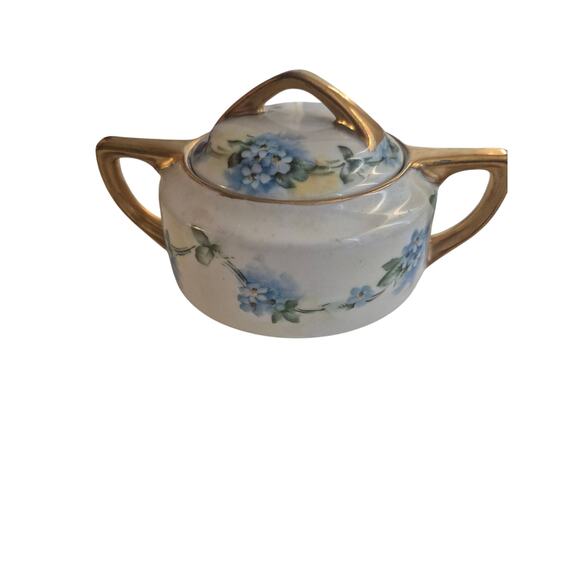 Rare Antique Buffalo China 1918 Sugar Bowl Hand Painted Forget Me Not Gold Trim - Picture 7 of 9